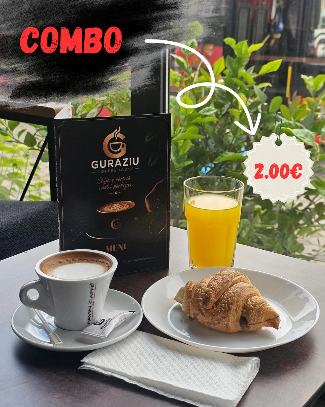 Oferta Happy Hours – Combo: kafe, lëng portokalli dhe kroasan për 2.00€ në Guraziu Coffeehouse